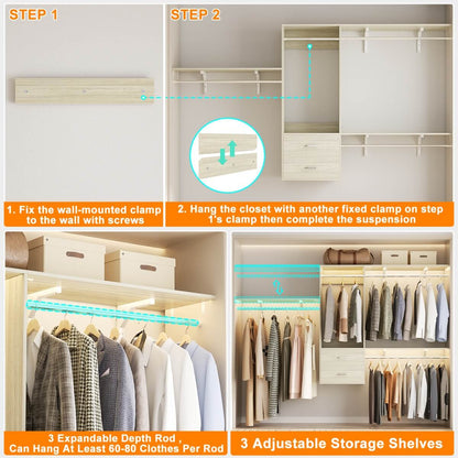 20-90 Inch Wall Mounted Closet System with 2 Wooden Drawers for Clothes Hanging