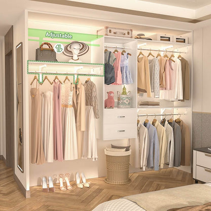 20-90 Inch Wall Mounted Closet System with 2 Wooden Drawers for Clothes Hanging
