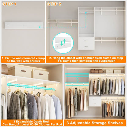 20-90 Inch Wall Mounted Closet System with 2 Wooden Drawers for Clothes Hanging