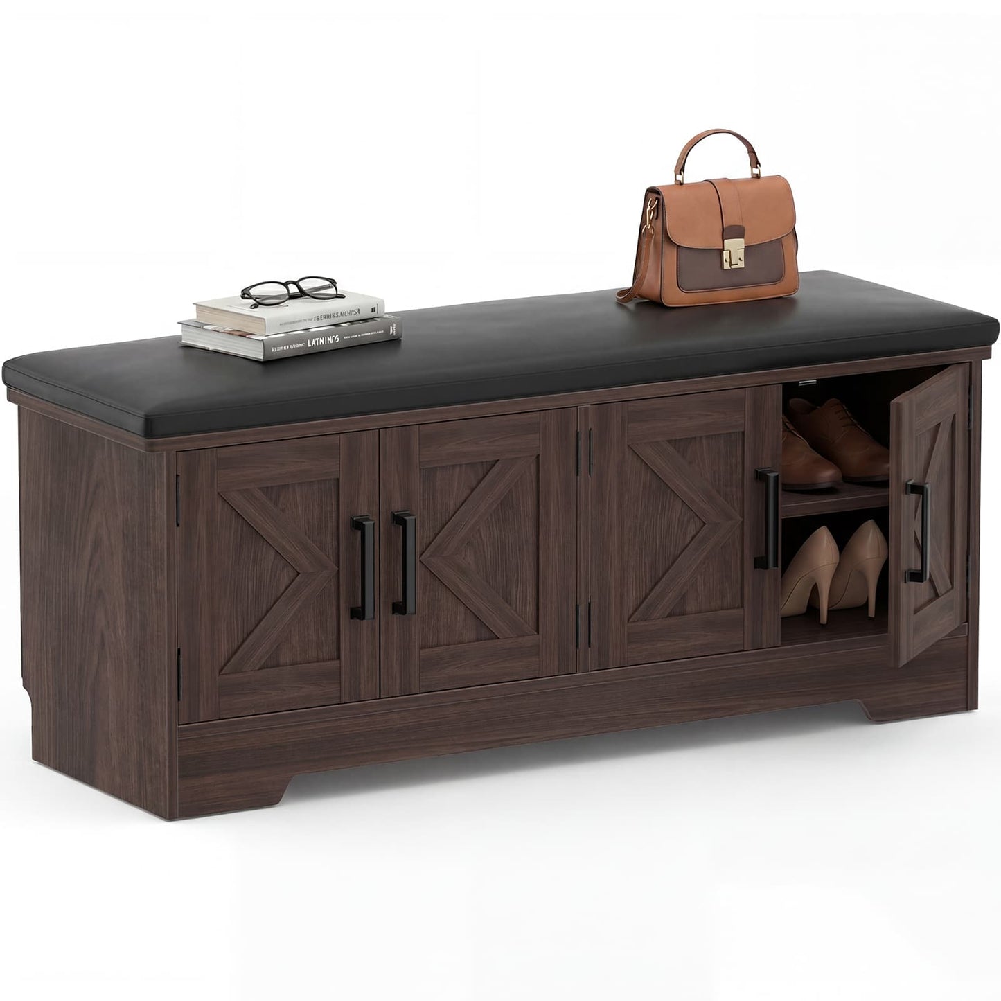 43.3" Farmhouse Shoe Storage Bench with Cushion for Entryway