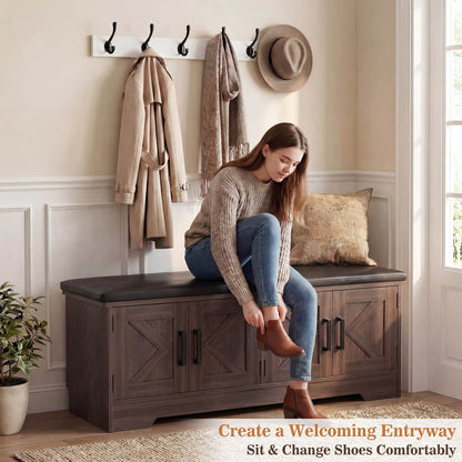 43.3" Farmhouse Shoe Storage Bench with Cushion for Entryway