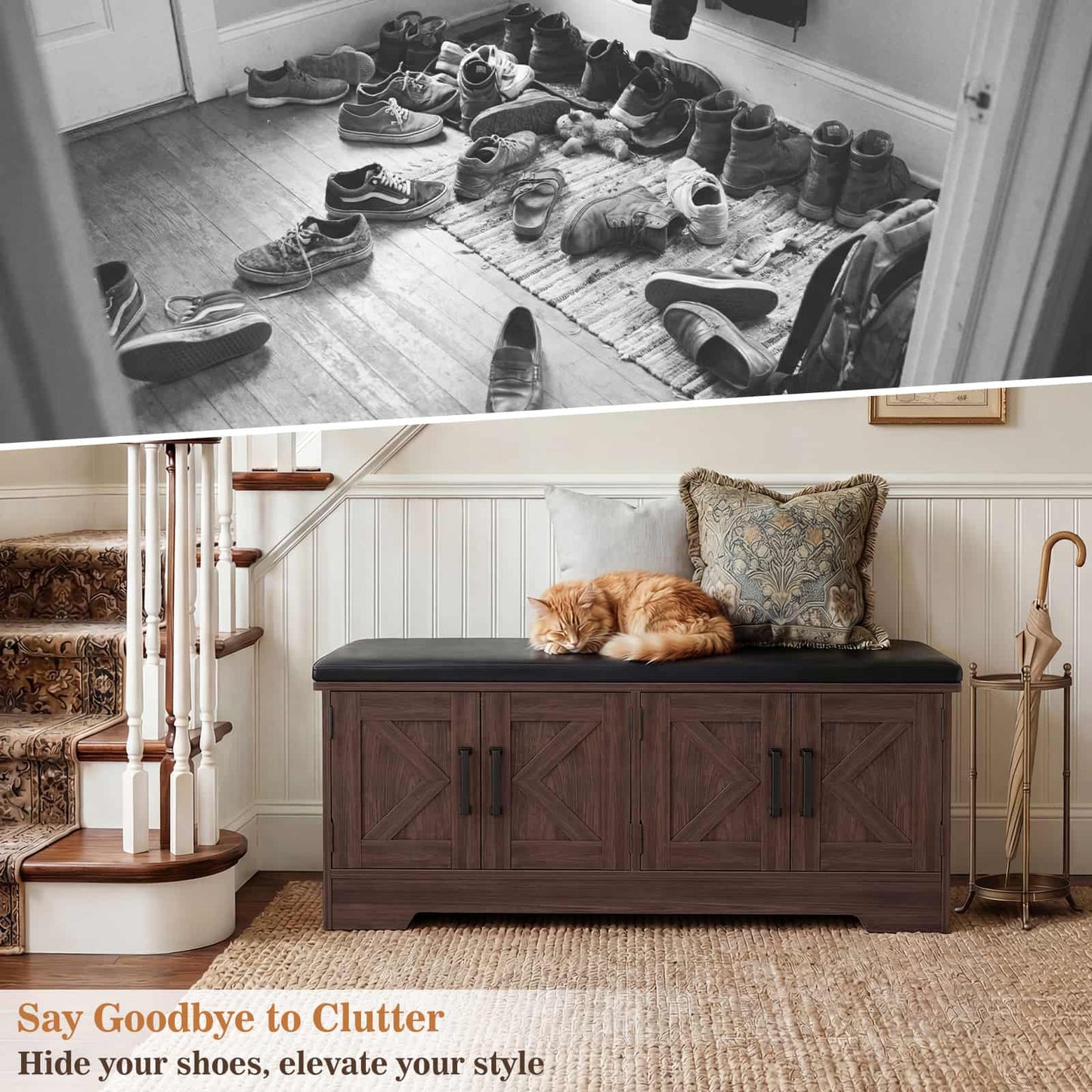 43.3" Farmhouse Shoe Storage Bench with Cushion for Entryway