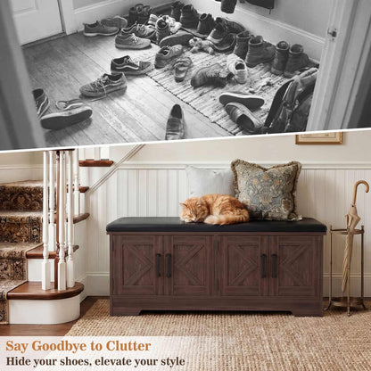 43.3" Farmhouse Shoe Storage Bench with Cushion for Entryway