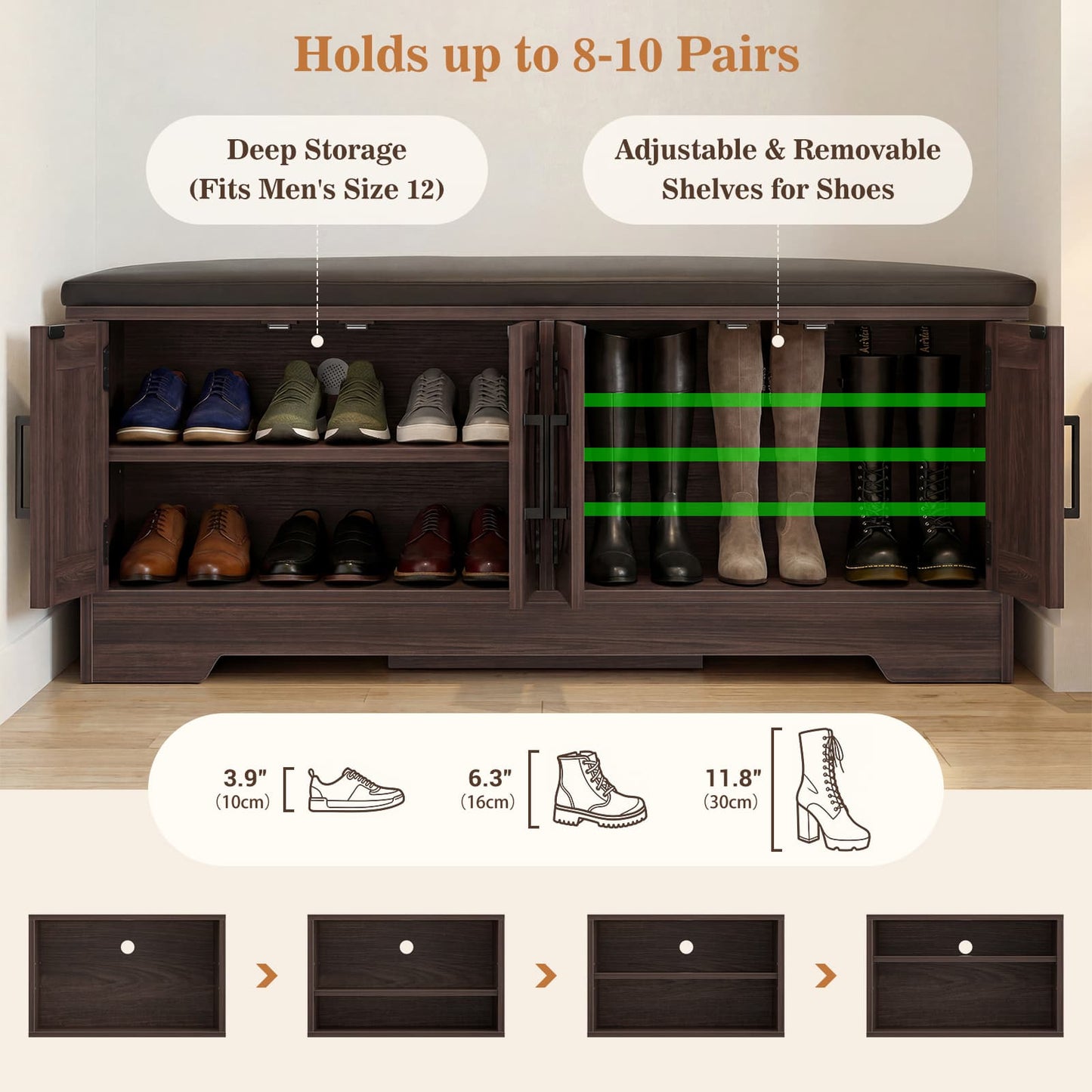 43.3" Farmhouse Shoe Storage Bench with Cushion for Entryway