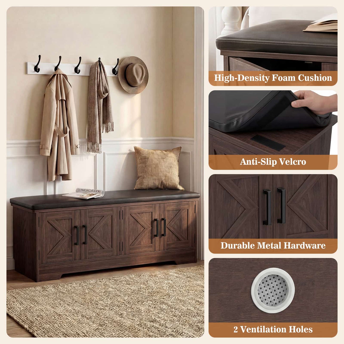 43.3" Farmhouse Shoe Storage Bench with Cushion for Entryway