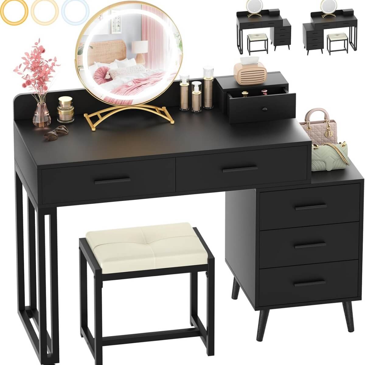 Makeup Vanity Desk with Mirror, Lights and 6 Storage Drawers