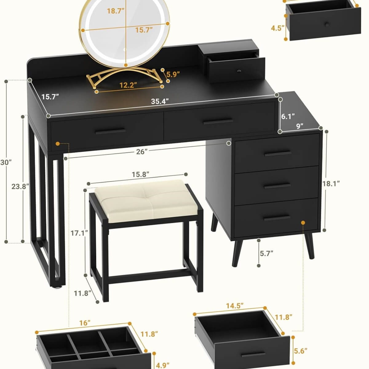 Makeup Vanity Desk with Mirror, Lights and 6 Storage Drawers