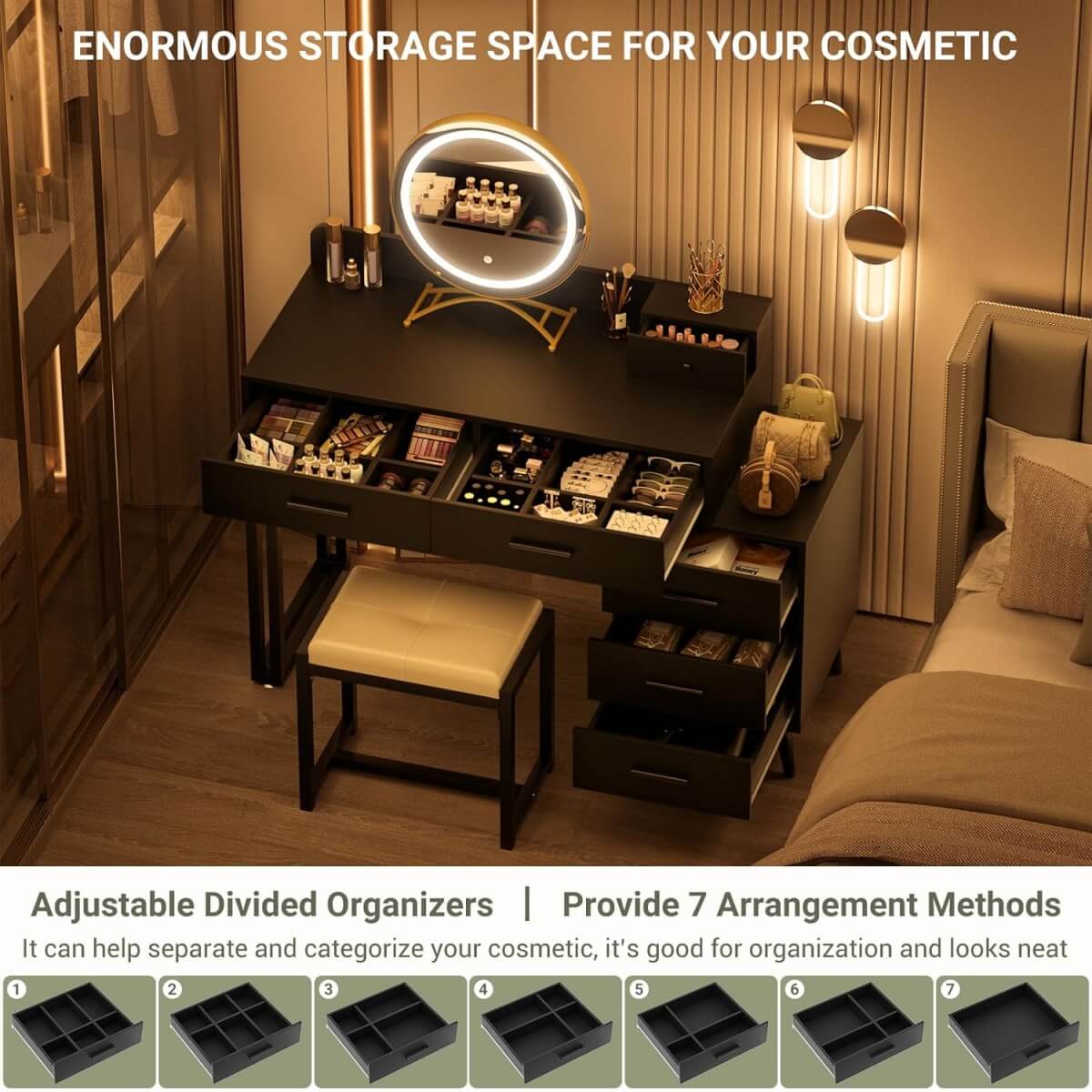 Makeup Vanity Desk with Mirror, Lights and 6 Storage Drawers