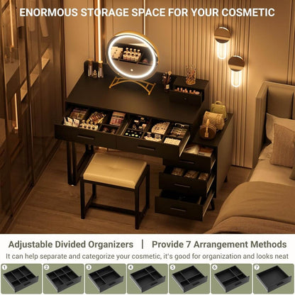 Makeup Vanity Desk with Mirror, Lights and 6 Storage Drawers