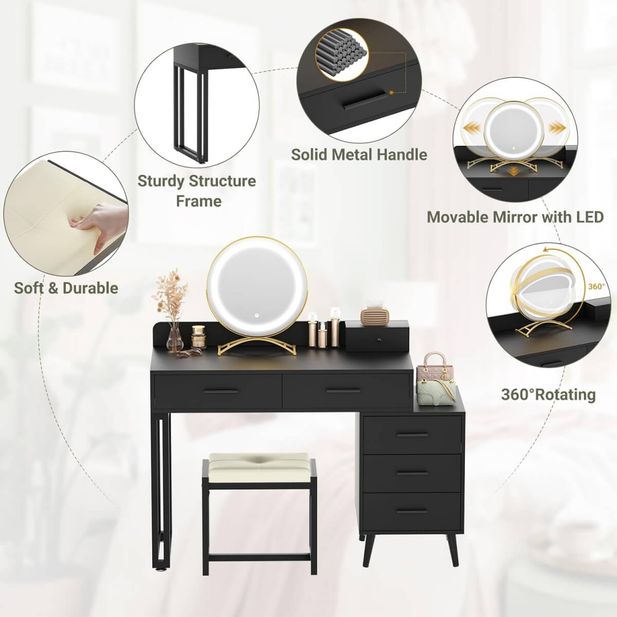 Makeup Vanity Desk with Mirror, Lights and 6 Storage Drawers