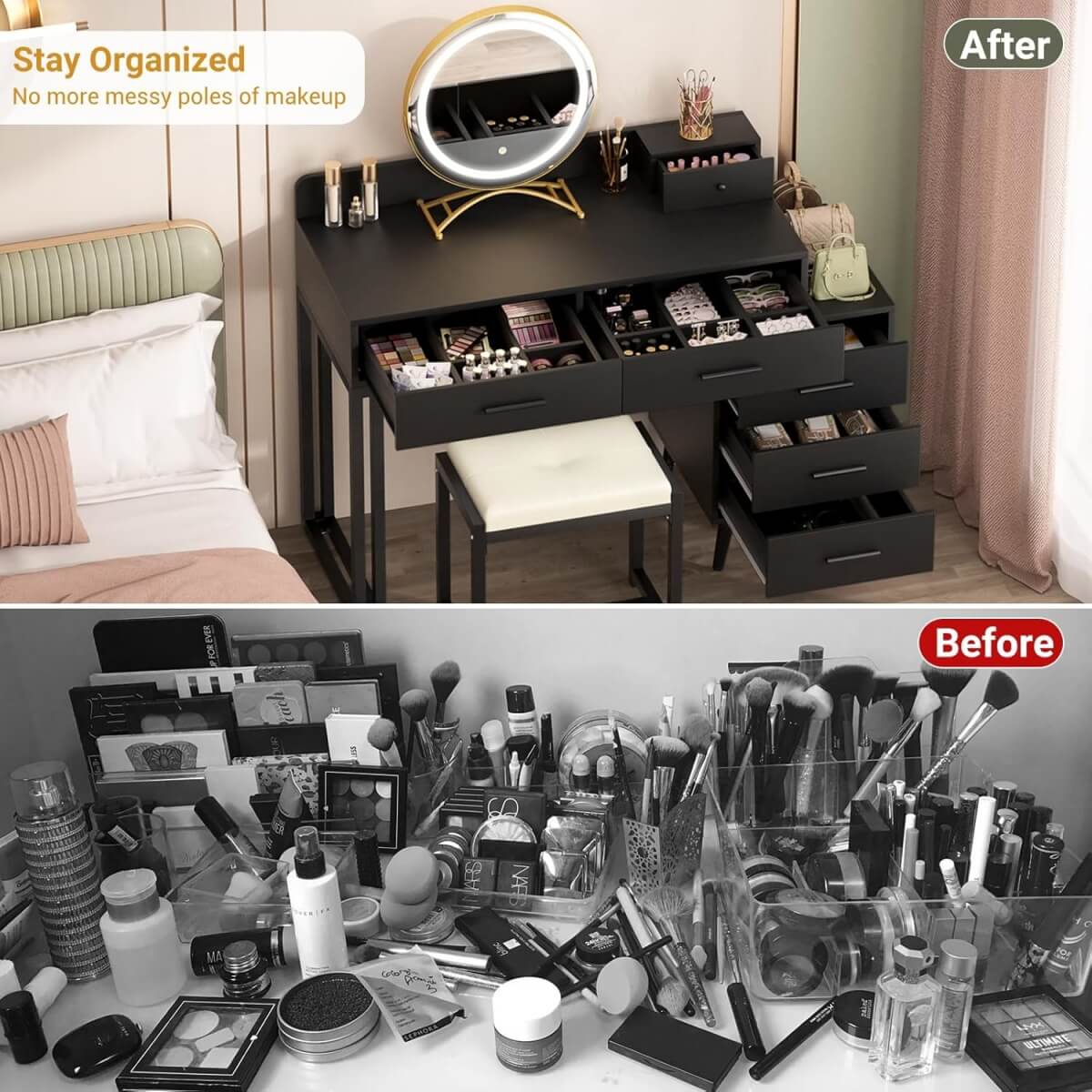 Makeup Vanity Desk with Mirror, Lights and 6 Storage Drawers