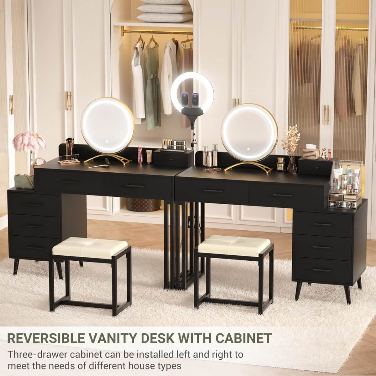 Makeup Vanity Desk with Mirror, Lights and 6 Storage Drawers