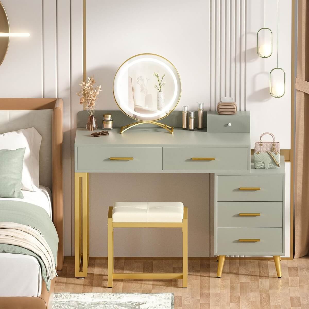 Makeup Vanity Desk with Mirror, Lights and 6 Storage Drawers