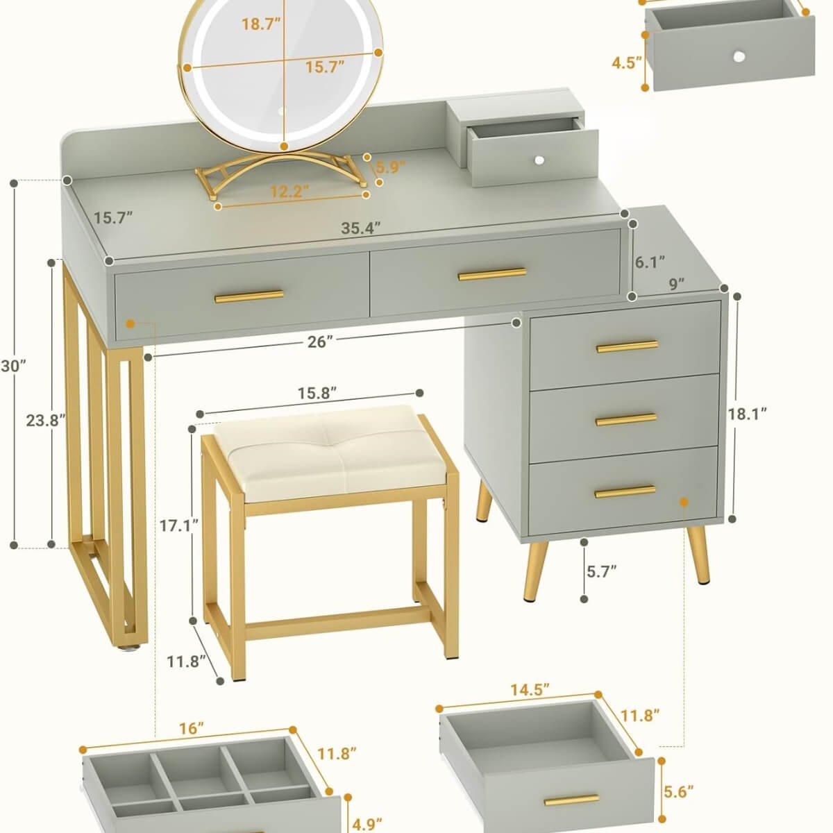Makeup Vanity Desk with Mirror, Lights and 6 Storage Drawers