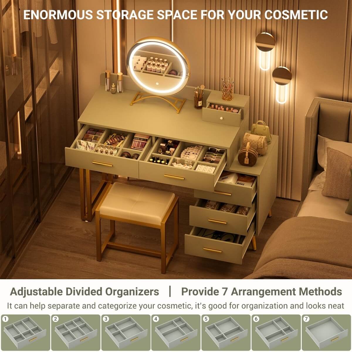 Makeup Vanity Desk with Mirror, Lights and 6 Storage Drawers