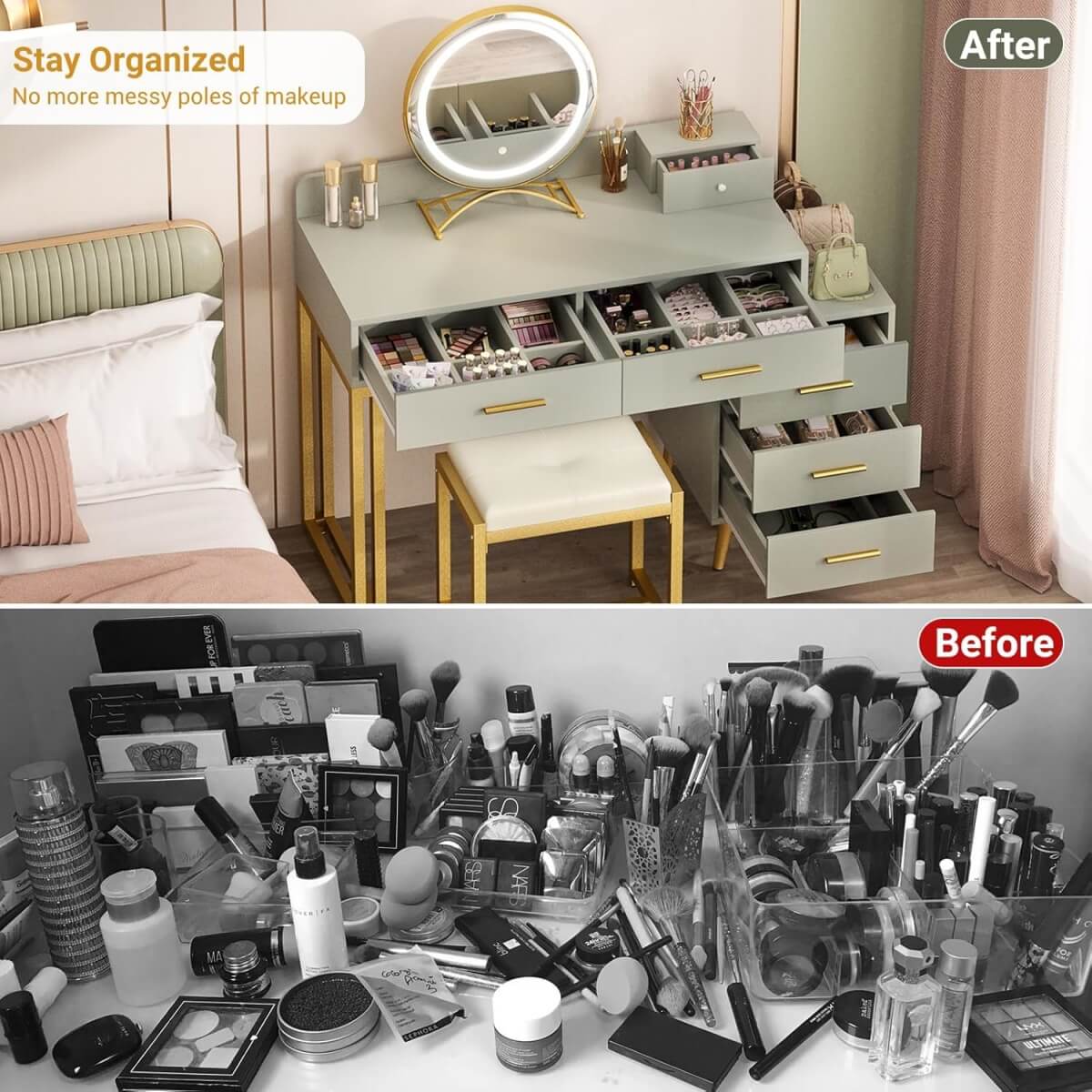 Makeup Vanity Desk with Mirror, Lights and 6 Storage Drawers