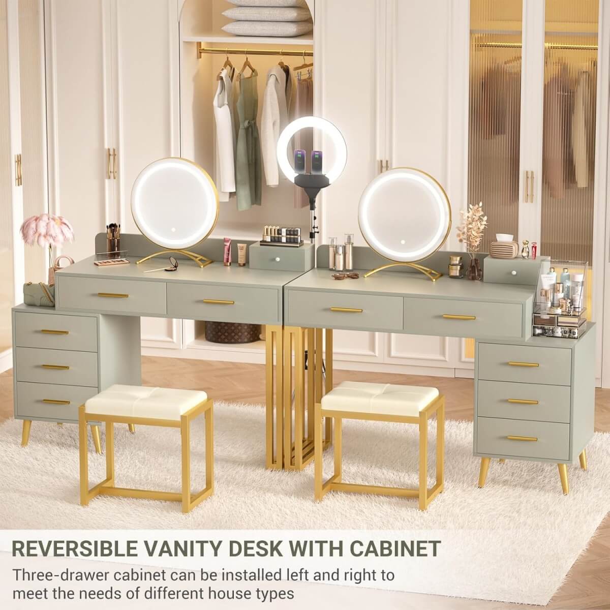 Makeup Vanity Desk with Mirror, Lights and 6 Storage Drawers