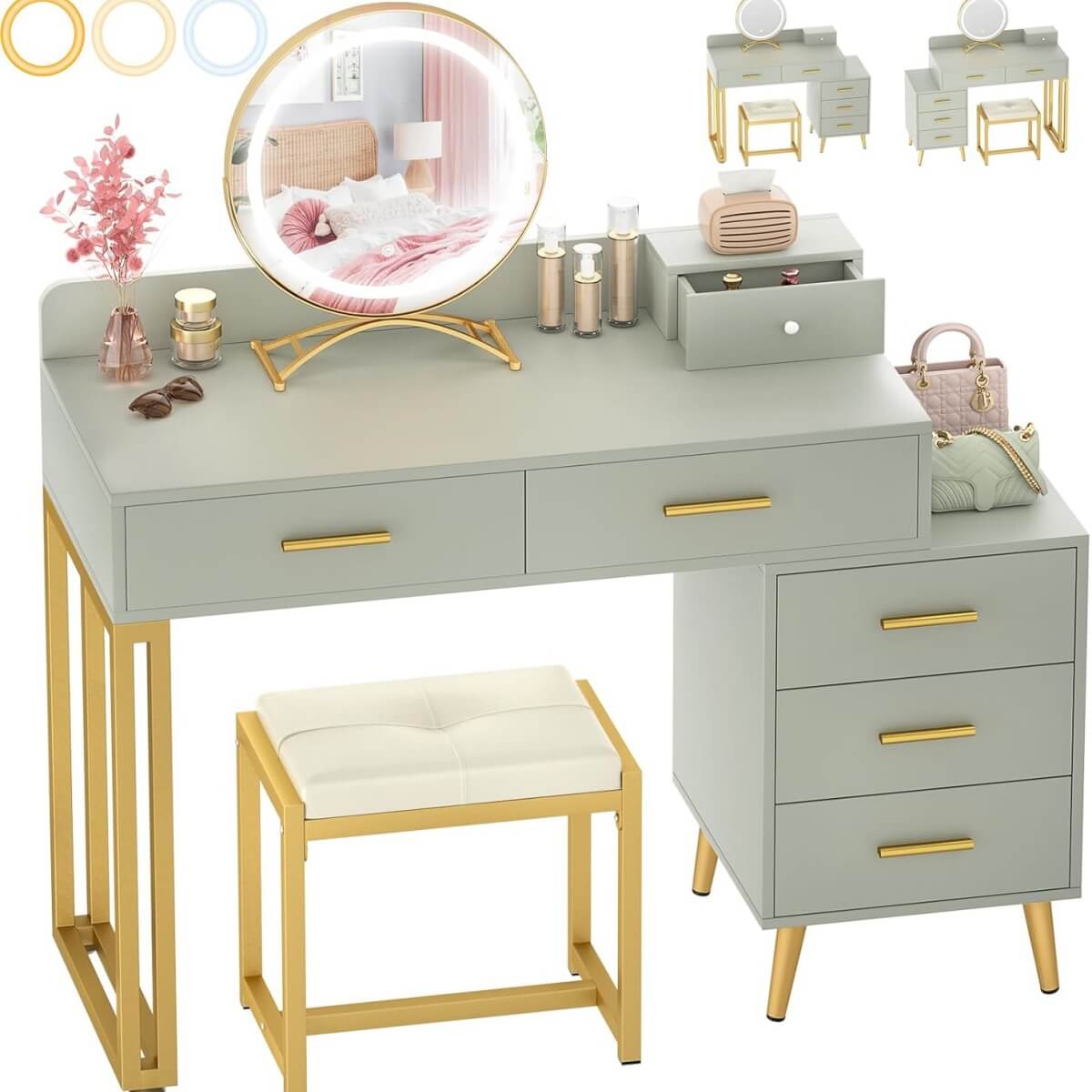 Makeup Vanity Desk with Mirror, Lights and 6 Storage Drawers