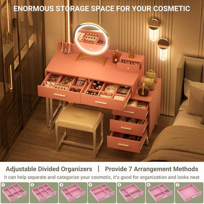 Makeup Vanity Desk with Mirror, Lights and 6 Storage Drawers
