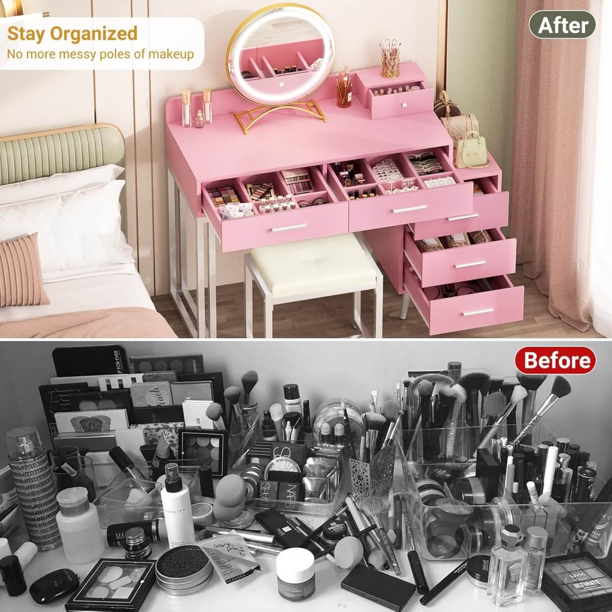 Makeup Vanity Desk with Mirror, Lights and 6 Storage Drawers