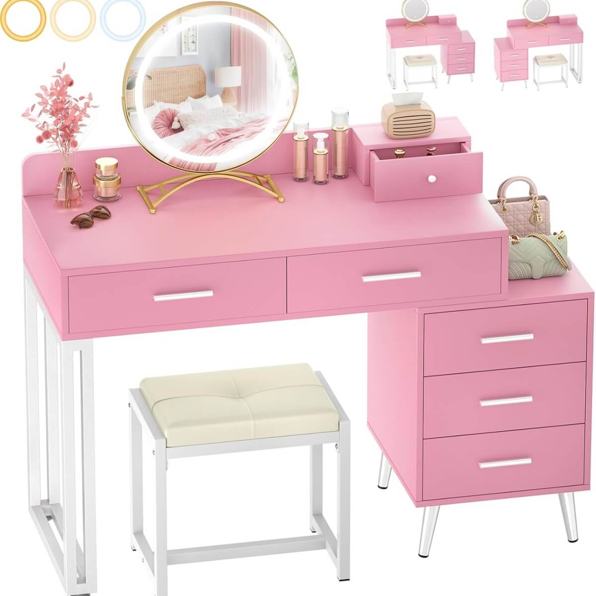 Makeup Vanity Desk with Mirror, Lights and 6 Storage Drawers
