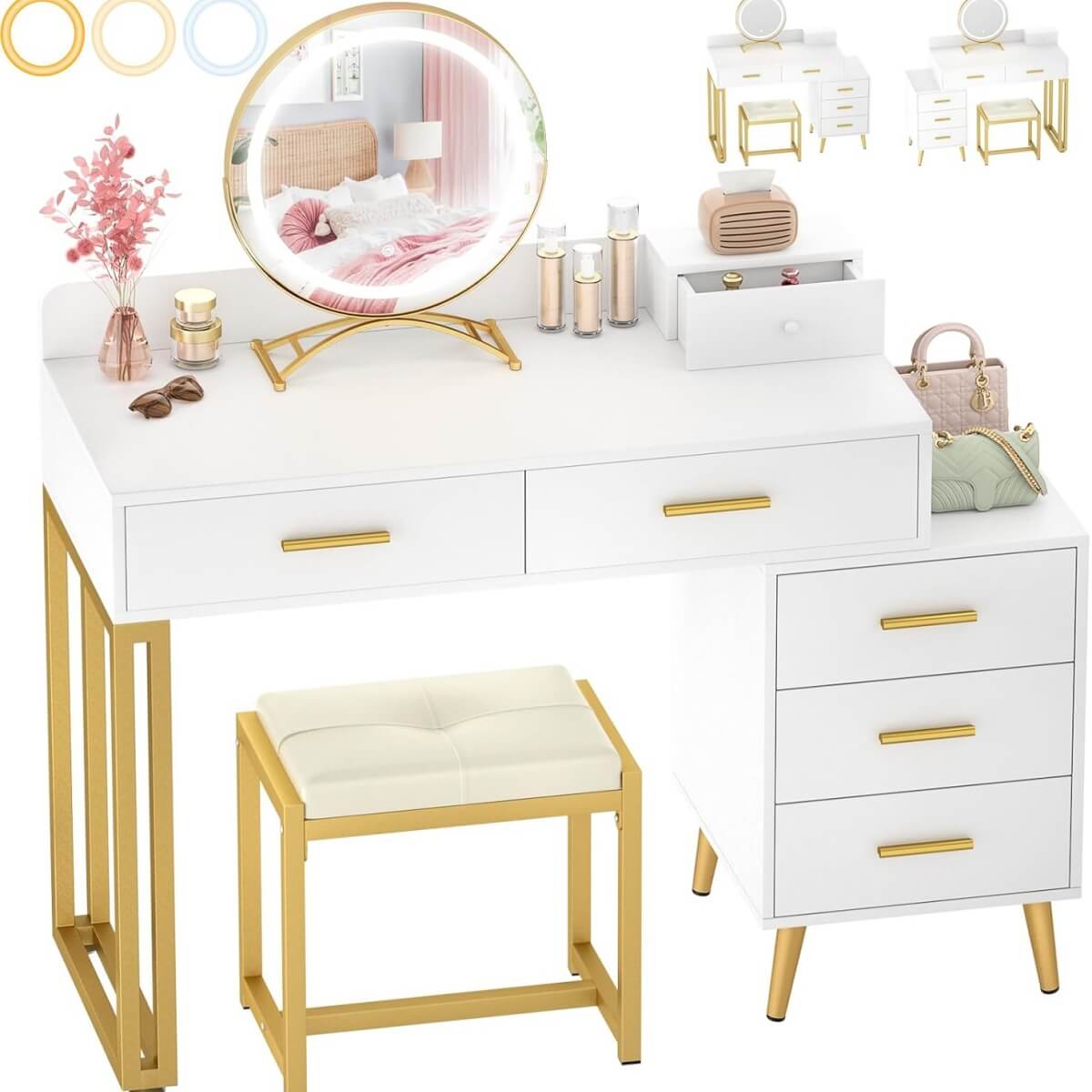 Makeup Vanity Desk with Mirror, Lights and 6 Storage Drawers