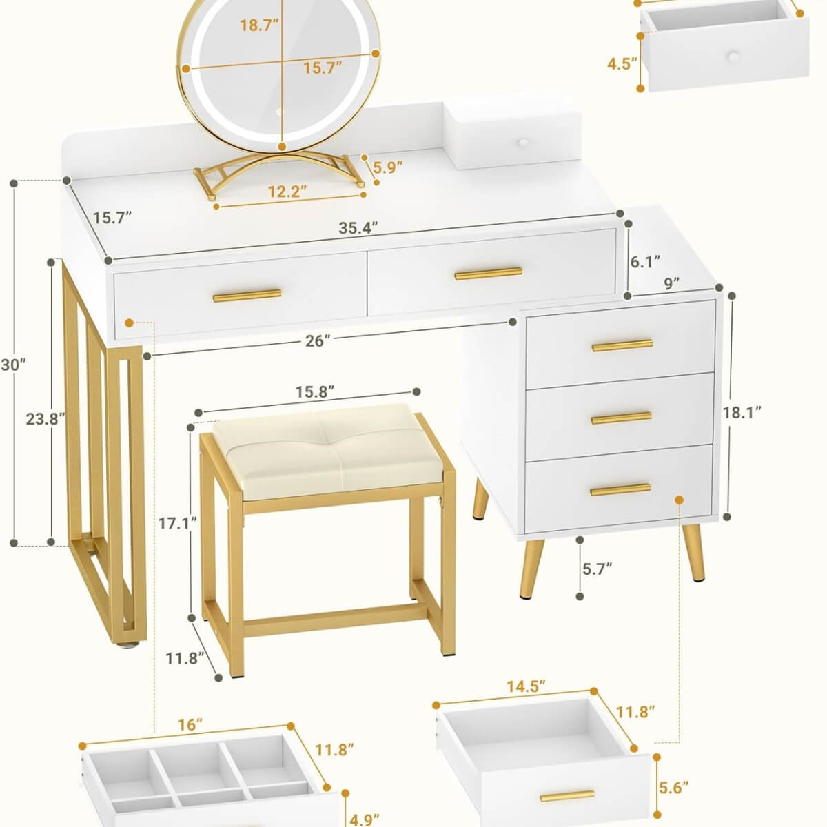 Makeup Vanity Desk with Mirror, Lights and 6 Storage Drawers