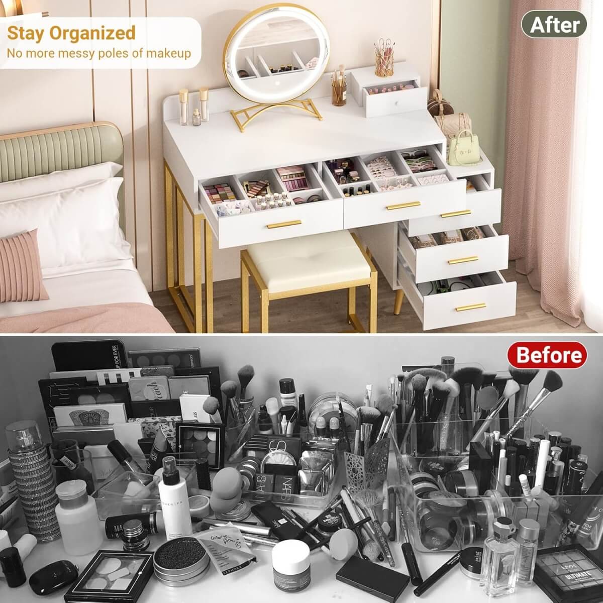 Makeup Vanity Desk with Mirror, Lights and 6 Storage Drawers