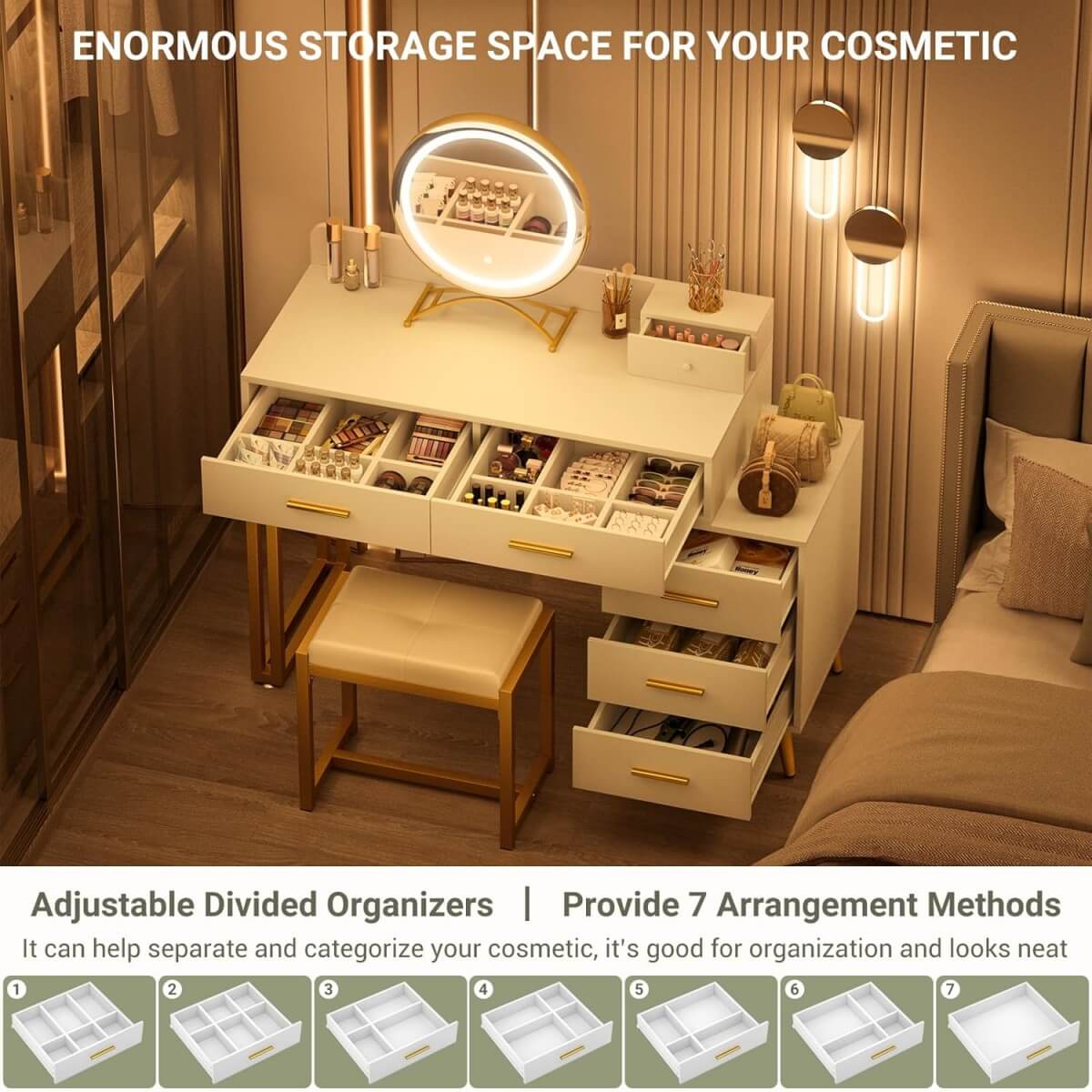 Makeup Vanity Desk with Mirror, Lights and 6 Storage Drawers