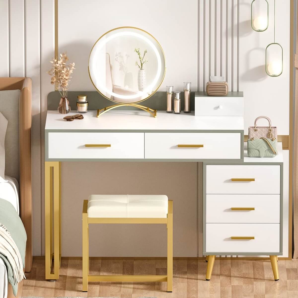 Makeup Vanity Desk with Mirror, Lights and 6 Storage Drawers