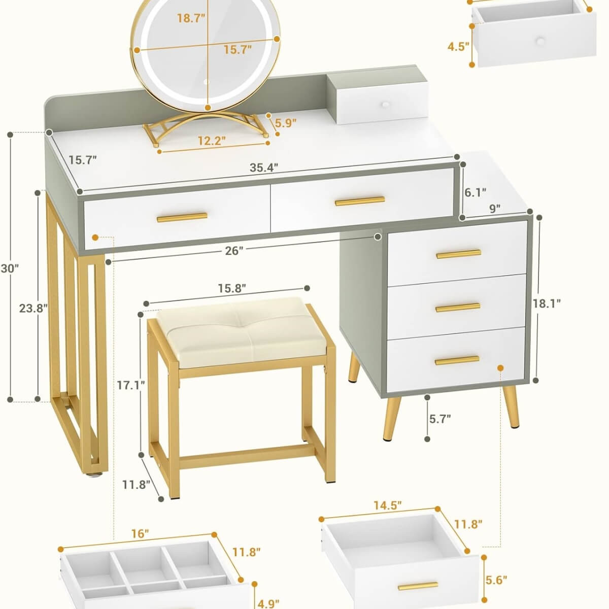 Makeup Vanity Desk with Mirror, Lights and 6 Storage Drawers