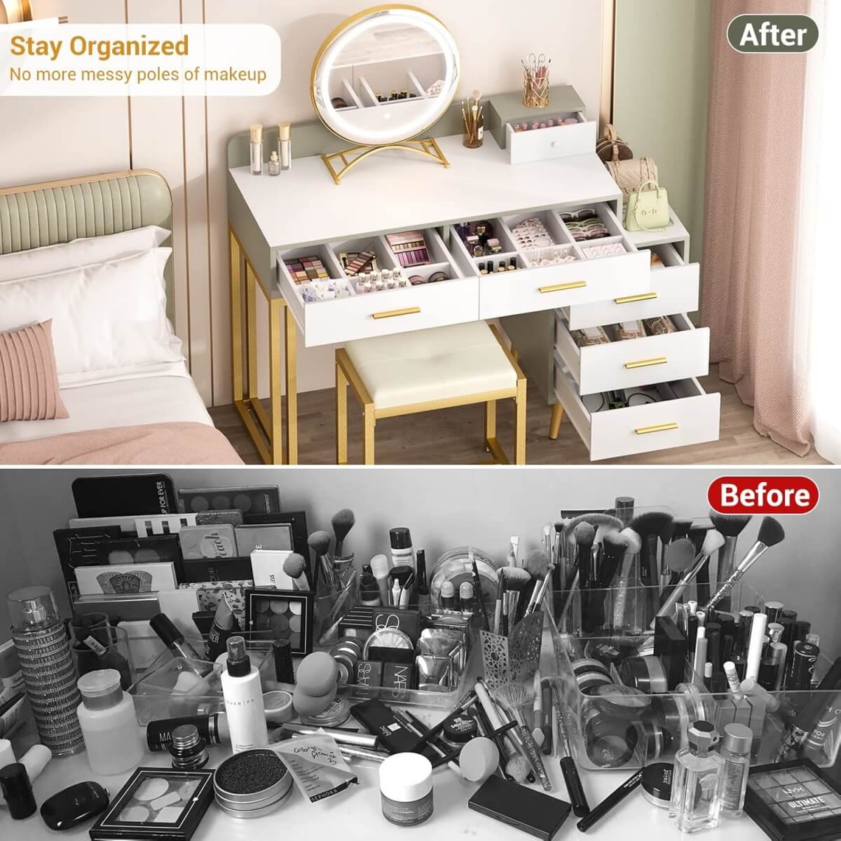Makeup Vanity Desk with Mirror, Lights and 6 Storage Drawers