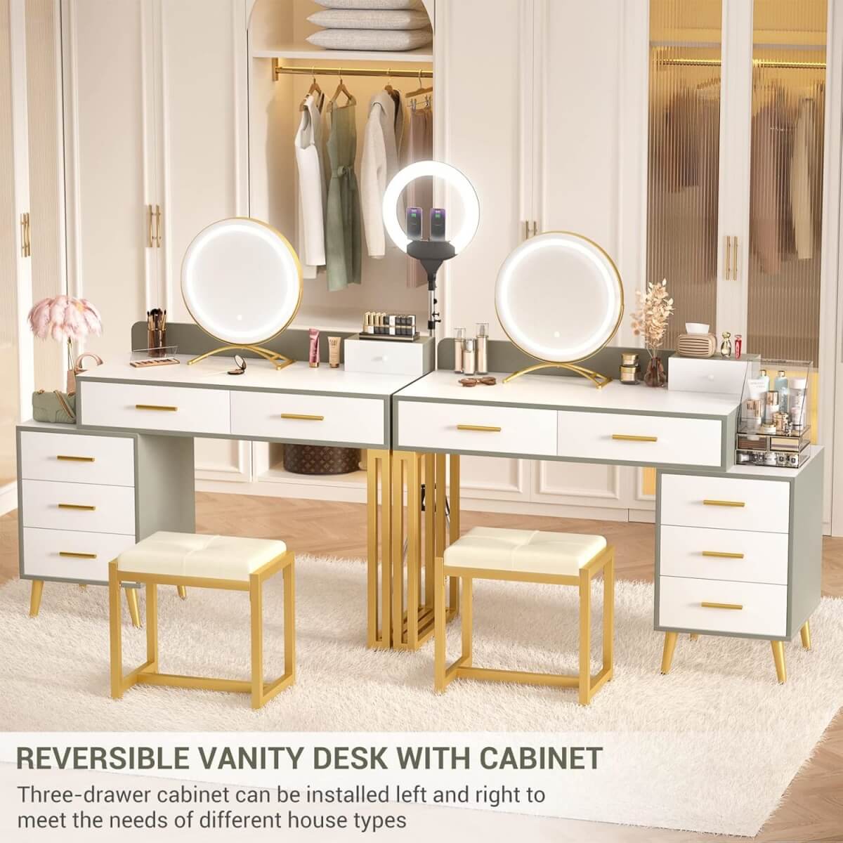 Makeup Vanity Desk with Mirror, Lights and 6 Storage Drawers