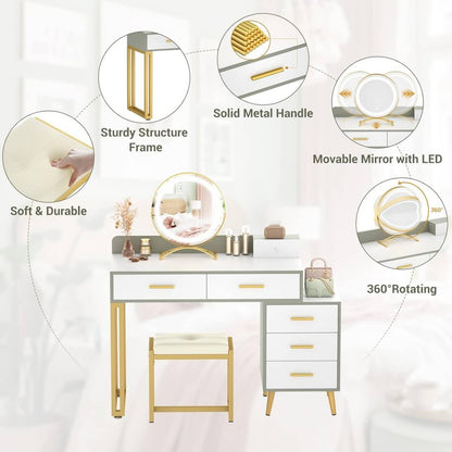 Makeup Vanity Desk with Mirror, Lights and 6 Storage Drawers