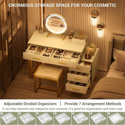 Makeup Vanity Desk with Mirror, Lights and 6 Storage Drawers