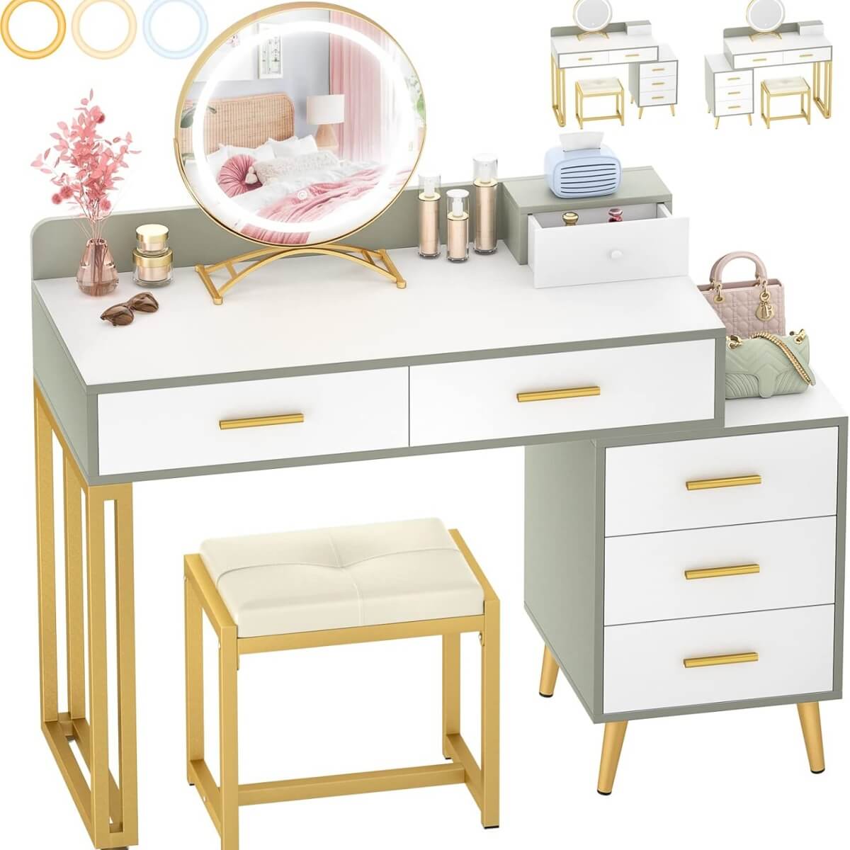 Makeup Vanity Desk with Mirror, Lights and 6 Storage Drawers