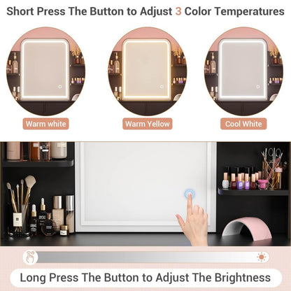 Vanity Desk with Mirror and LED Lights, with 2 Drawers and Storage Shelves