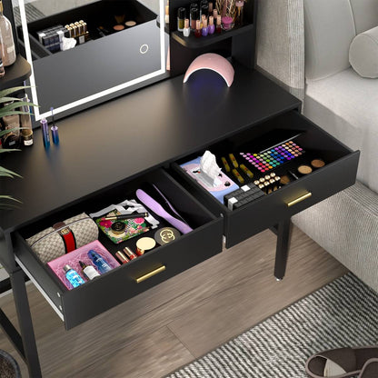 Vanity Desk with Mirror and LED Lights, with 2 Drawers and Storage Shelves