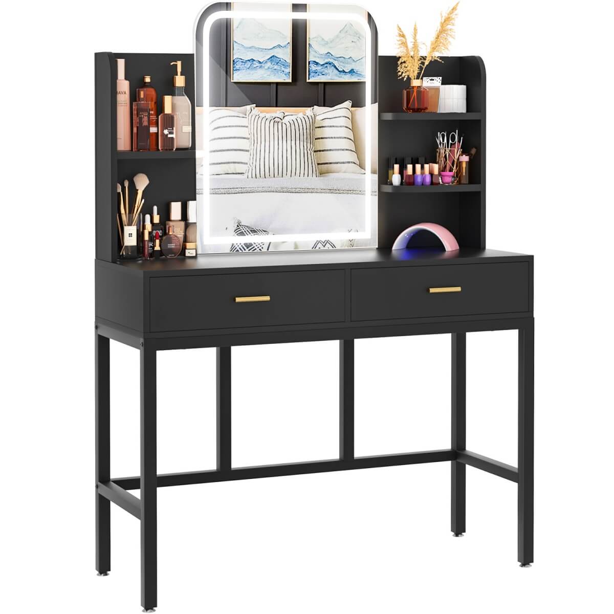 Vanity Desk with Mirror and LED Lights, with 2 Drawers and Storage Shelves