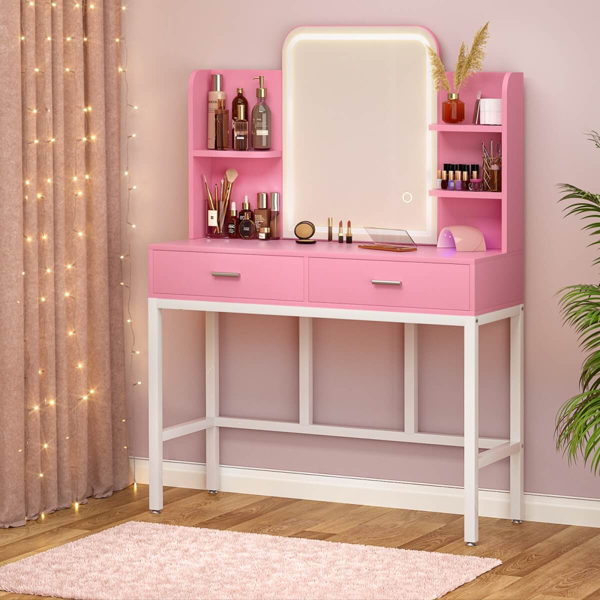 Vanity Desk with Mirror and LED Lights, with 2 Drawers and Storage Shelves