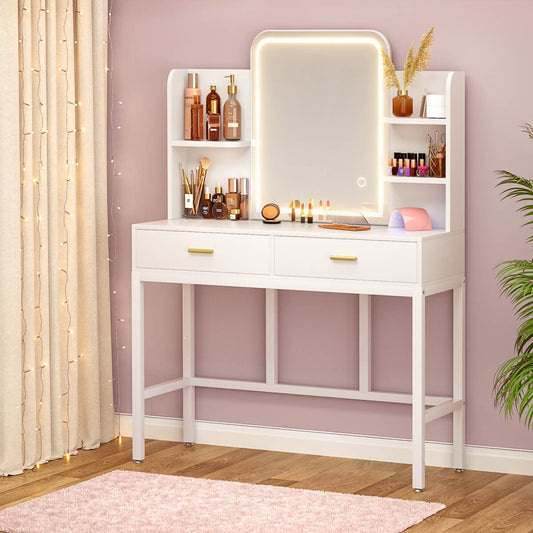 Vanity Desk with Mirror and LED Lights, with 2 Drawers and Storage Shelves