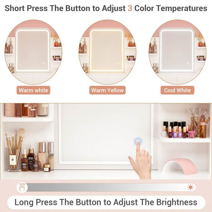 Vanity Desk with Mirror and LED Lights, with 2 Drawers and Storage Shelves