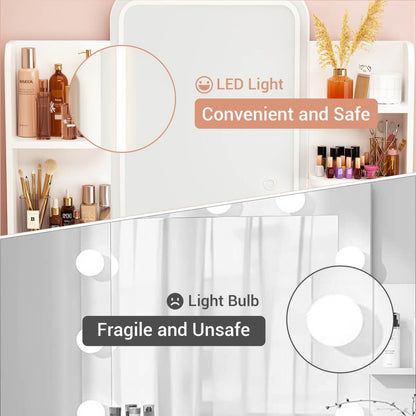 Vanity Desk with Mirror and LED Lights, with 2 Drawers and Storage Shelves