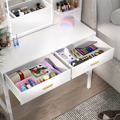 Vanity Desk with Mirror and LED Lights, with 2 Drawers and Storage Shelves