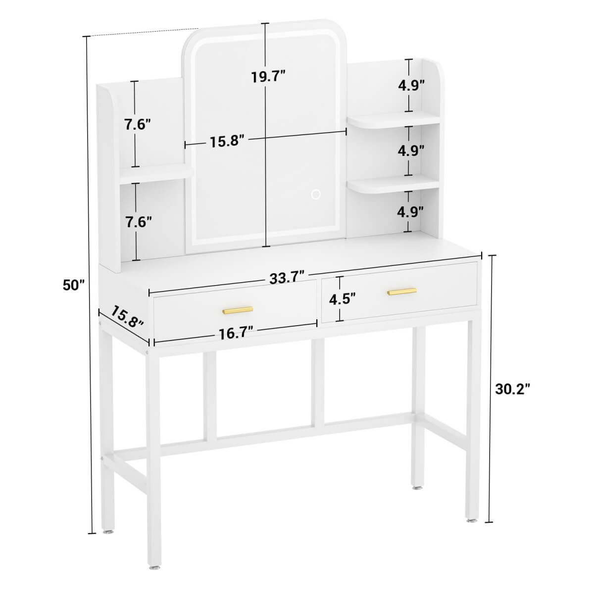 Vanity Desk with Mirror and LED Lights, with 2 Drawers and Storage Shelves