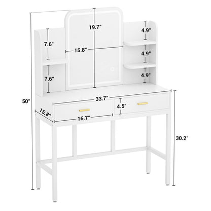 Vanity Desk with Mirror and LED Lights, with 2 Drawers and Storage Shelves