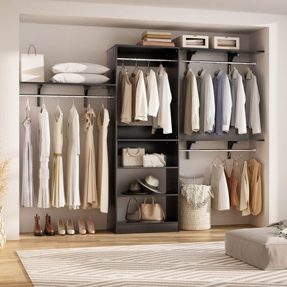 96'' Closet System with 3 Shelving Towers, Hanging Rods & 5 Storage Shelves