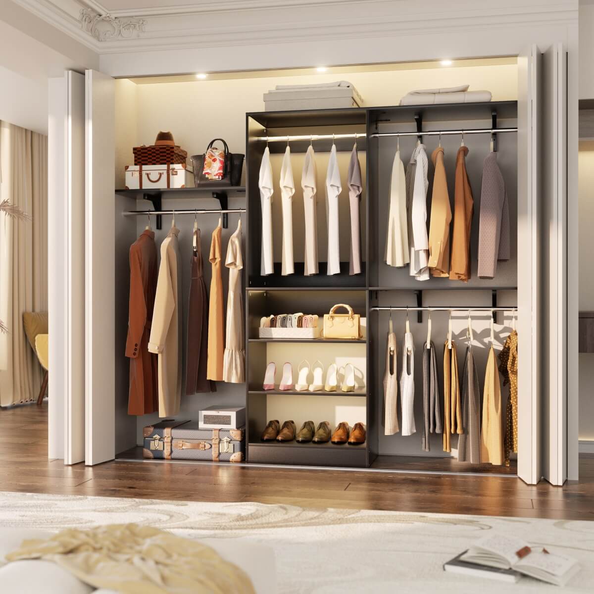 96'' Closet System with 3 Shelving Towers, Hanging Rods & 5 Storage Shelves
