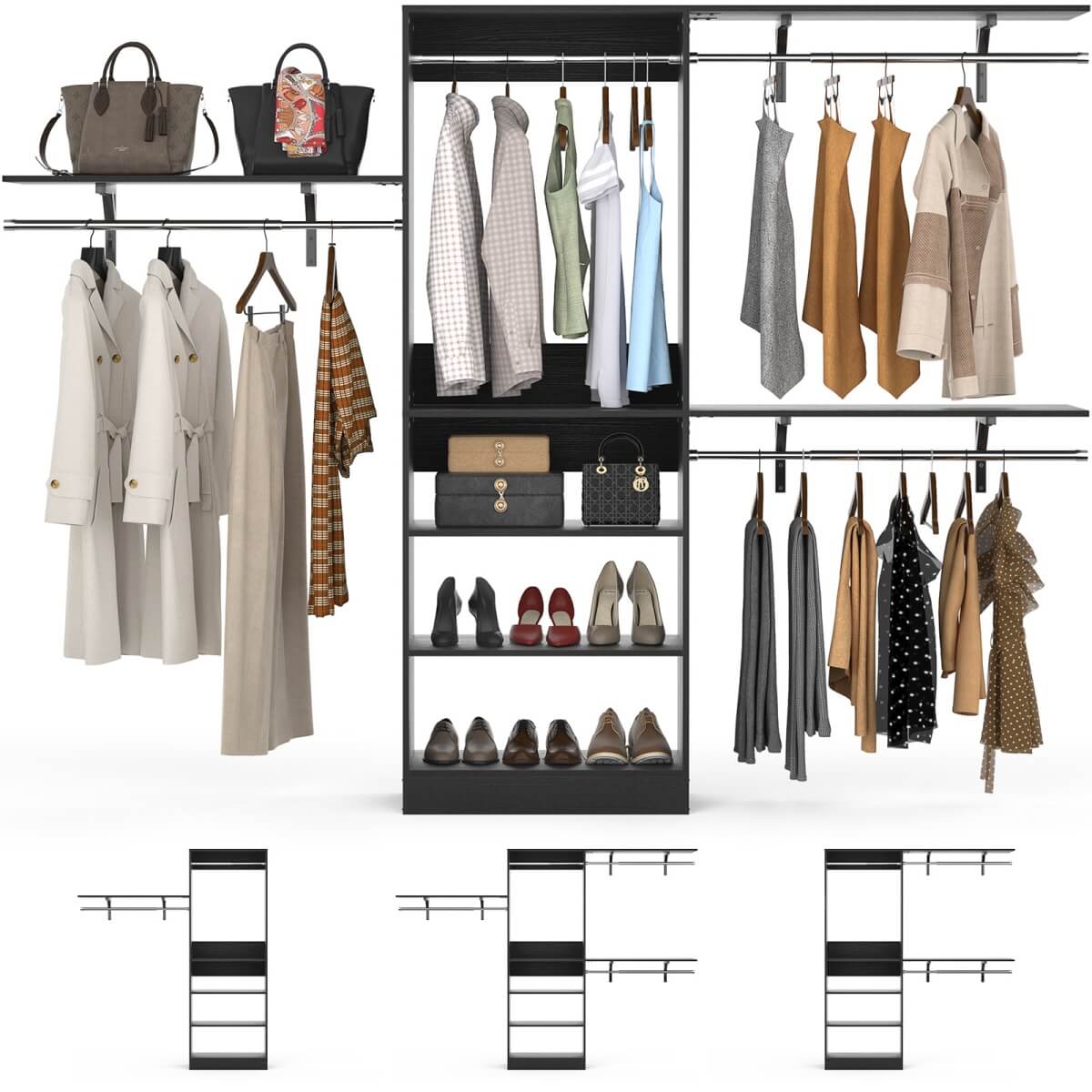 96'' Closet System with 3 Shelving Towers, Hanging Rods & 5 Storage Shelves