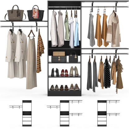 96'' Closet System with 3 Shelving Towers, Hanging Rods & 5 Storage Shelves